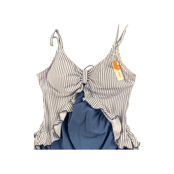 NWT Summer Mae One Piece Swimsuit Striped Ruffle Tie Front Blue Womens XL - Picture 2 of 5